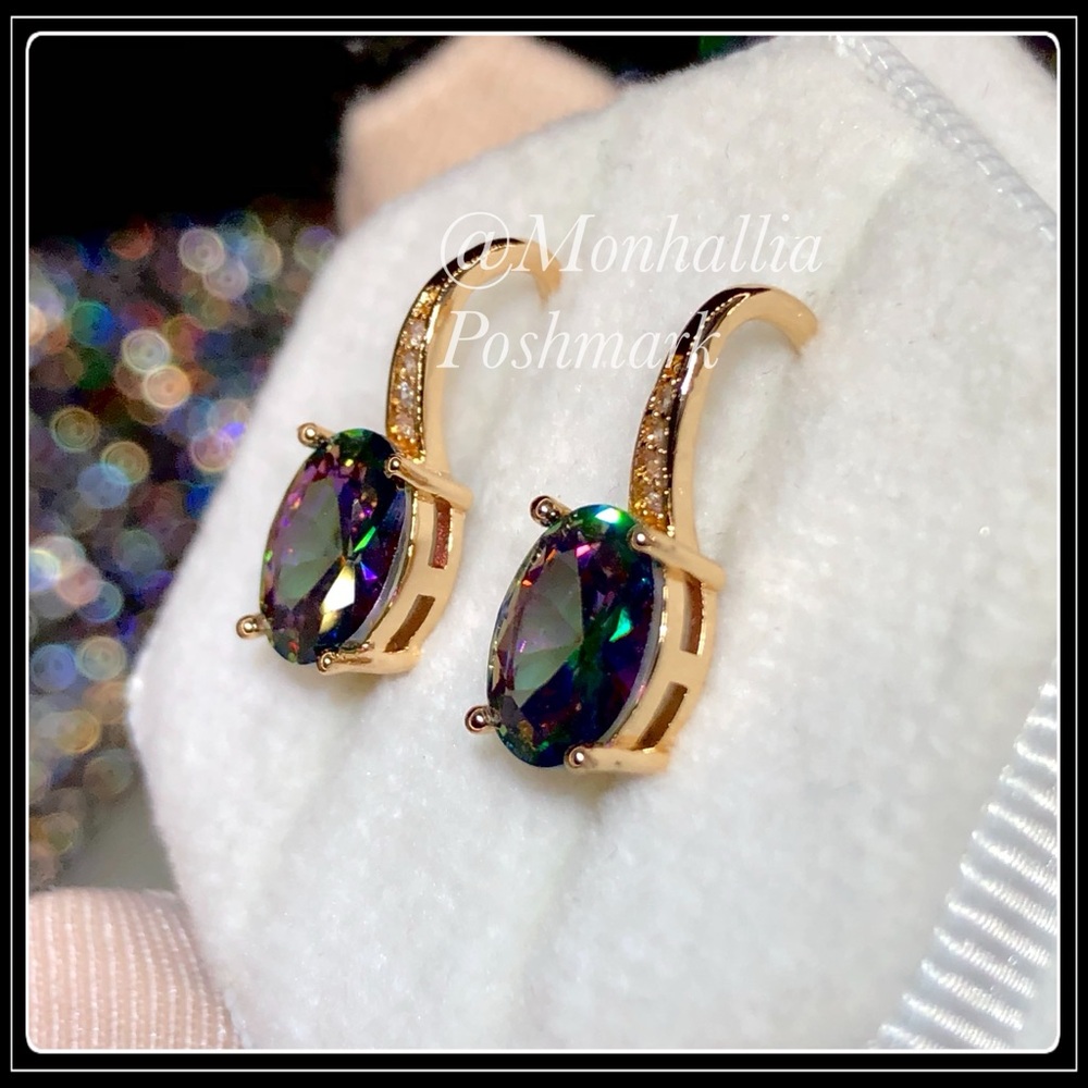 NEW 14K GOLD COLORFUL MYSTIC TOPAZ HOOK LOOP EARRINGS - Picture 3 of 4